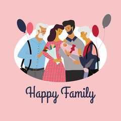  Cute family standing together, smiling and looking at newborn baby. Happy parenthood postcard, celebrating of new born child. Happy family text. Flat colorful vector illustration in cartoon style