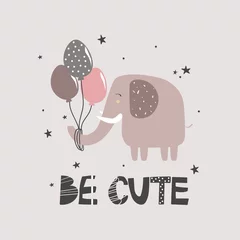 Fototapete Hand drawn illustration with animal and english text. Be cute. Colorful background. Poster design with elephant, air balloons. Decorative backdrop vector. Funny card © Talirina