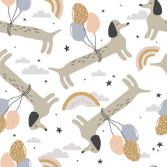Happy dogs, hand drawn backdrop. Colorful seamless pattern with animals. Decorative cute wallpaper, good for printing. Overlapping background vector. Design illustration, dachshunds