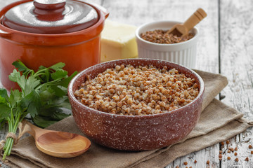 Buckwheat porridge in a bowl on a table