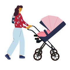 Happy woman goes for a walk with baby and stroller. Mother with backpack walking with child. Maternity concept. Flat colorful vector illustration in trendy cartoon style