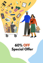 Concept poster or flyer for shop sales and discounts. Happy woman and man standing together and holding shopping cart and bags with purchases.  Cartoon characters. Colorful flat vector illustration.