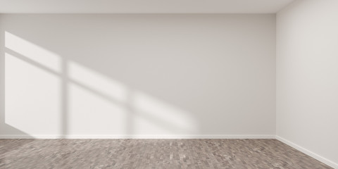 Empty white room with blank walls with shadow from window and brown hardwood floor - presentation or gallery architecture background element