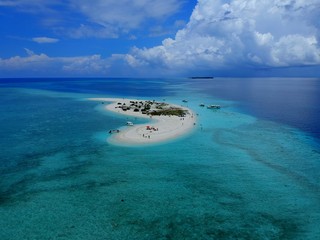 The aerial view of the stunning white sandbank with beautiful sandy beaches of Maldives