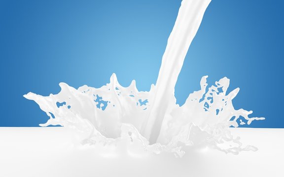 Milk poured, splashing into pool of milk isolated on blue background