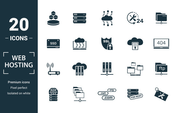 Web Hosting icon set. Include creative elements data structure, cloud technology, ssd, file access, modem icons. Can be used for report, presentation, diagram, web design