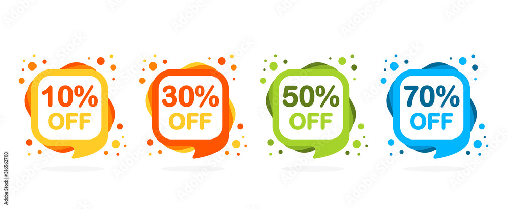 Wall mural Sale discount icons. Special offer price signs of different colors. 10, 30, 50 and 70 percent off reduction symbols. Speech bubbles or chat symbols on white background. Vector illustration.