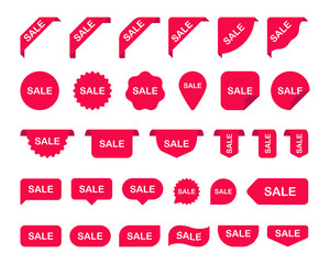 Red Sale Label Collection Big Set. Sale tags. Discount red ribbons, shopping tags, banners and icons. Sale icons. Elements isolated on white background. Vector illustration.