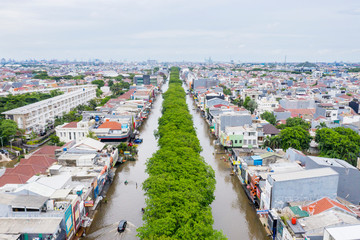 Aerial view of flood flowing through the housing