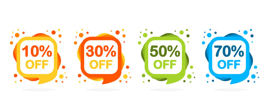 Sale discount icons. Special offer price signs of different colors. 10, 30, 50 and 70 percent off reduction symbols. Speech bubbles or chat symbols on white background. Vector illustration.