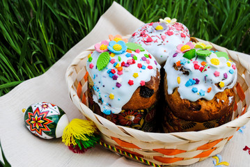 Easter cakes lie in a basket on the grass. Easter holiday.