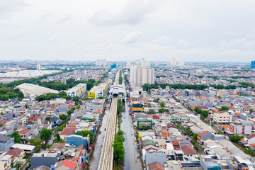Aerial view of flood hit housing at day time