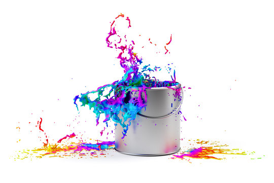 Rainbow colored paint splashing from silver shiny paint bucket on to white background
