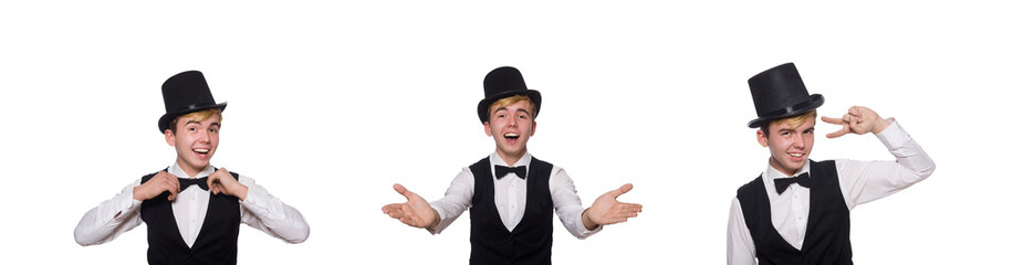 Young man in black classic vest isolated on white