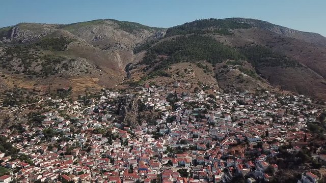 Aerial view of Hydra island and marina. Greece in the summer