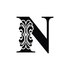 letter N. Vintage black flower ornament initial letters.  Alphabet. Logo vector 