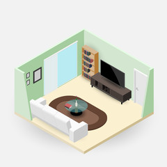 Concept room isometrics 3d composition with a sofa and a large wide screen TV, a living room with many furnitures, a window and door open vector modern design.