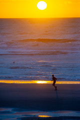 France.  Somme. un coureur à pied court le long de la mer sur la plage au coucher de soleil. a runner runs along the sea on the beach at sunset.