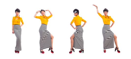 Model wearing fashionable clothing on white
