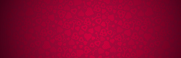 Red banner with valentines hearts and keys. Valentines greeting banner. Horizontal holiday background, headers, posters, cards, website. Vector illustration