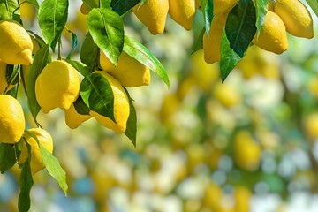 Bunches of fresh yellow ripe lemons with green leaves.
