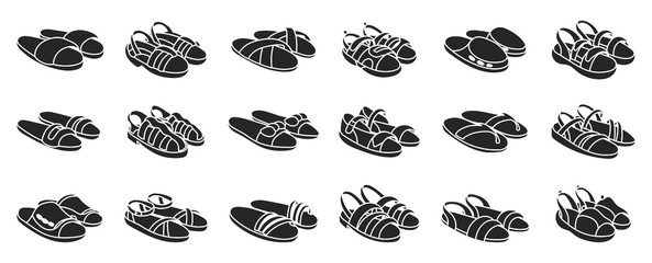 Fashion sandal vector illustration set on white background . Summer shoe of sandal black vector set icon. Isolated black icon summer footwear. - obrazy, fototapety, plakaty