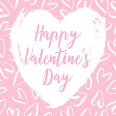 Vector romantic card Happy Valentines day on hand drawn heart and pink background. Calligraphic text with heart on cute pattern. Valentines Day typography poster, card, festive design.