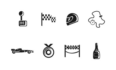 Auto sport racing icon flat set with bolide, racing flag, helmet isolated vector illustration