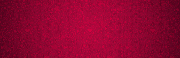 Red banner with valentines hearts. Valentines greeting banner. Horizontal holiday background, headers, posters, cards, website. Vector illustration - obrazy, fototapety, plakaty