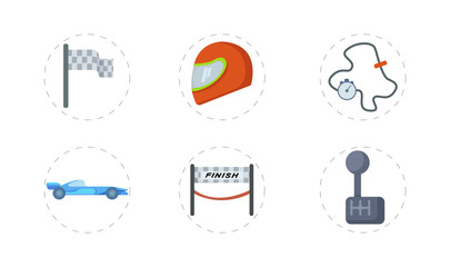 Auto sport racing icon flat set with bolide, racing flag, helmet isolated vector illustration