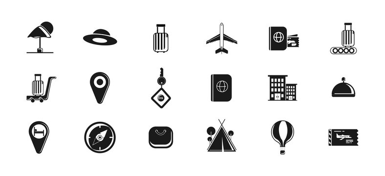traveling icon set with balloon, airplane ticket, luggage, geolocation, hotel vector icons