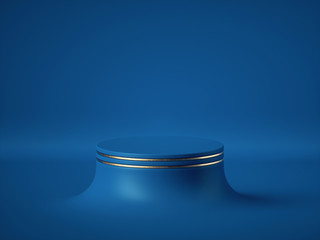 3d render, abstract background, modern minimal concept, clean style. Empty cylinder podium, vacant pedestal, round stage, showcase, product display, futuristic expo platform. Classic blue color 2020