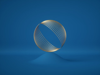 3d render, abstract geometric background, modern minimal concept, clean style. Round golden cage, gold sphere, ball, futuristic spherical shape. Modern mockup. Balance concept. Classic blue color 2020