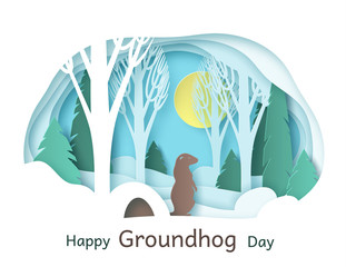 Happy Groundhog Day. February 2. Vector illustration. Paper cut design for printing greeting cards, banners, posters. Groundhog in the forest, climbed out of the hole.