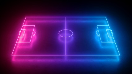 3d render, neon soccer field scheme, football playground, virtual sportive game, pink blue glowing line. Isolated on black background.