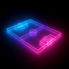 3d render, neon soccer field scheme, football playground, virtual sportive game, pink blue glowing line. Isolated on black background.