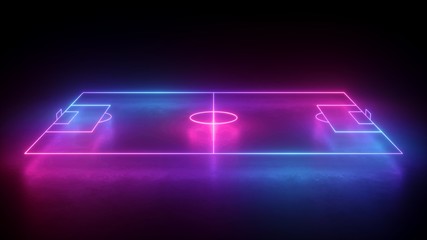 3d render, neon soccer field scheme, football playground, virtual sportive game, pink blue glowing line. Isolated on black background. © NeoLeo