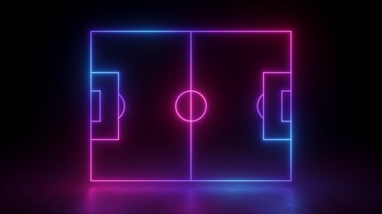 3d render, neon soccer field scheme, football playground, virtual sportive game, pink blue glowing...
