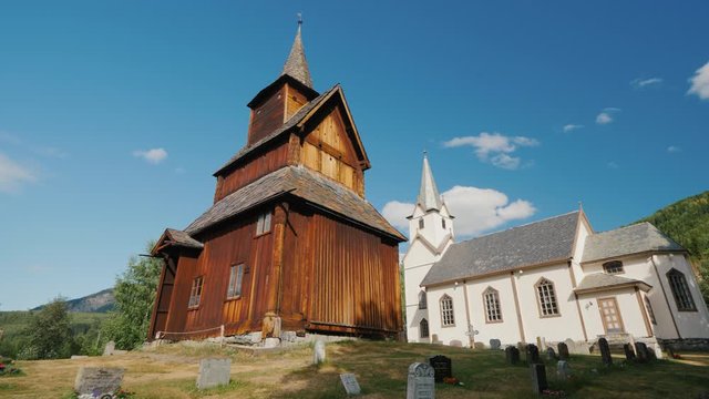 Ancient wooden church of the 13th century in the town of Torpo, Norway. An amazing old building perfectly preserved to our days