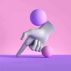 3d render, mannequin hand and ball, pointing finger, direction gesture, isolated on pink background, minimal fashion concept, simple clean design. Limb prosthesis