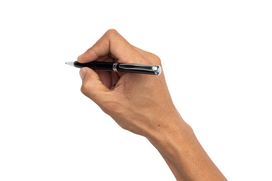 man hand holding pen isolated on white background