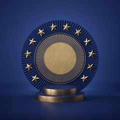 3d render abstract background. Empty cylinder podium, round stage vacant pedestal. Copy space, premium award mockup, medal plaque template. European union metaphor. Classic blue color of the year 2020