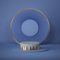3d render abstract blue background. Empty circus stage, cylinder podium, vacant pedestal. Shop display, showcase, product stand. Copy space, round frame, premium design, minimal mockup. Art deco style