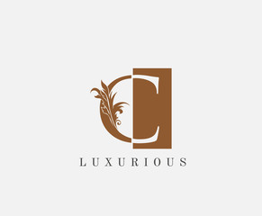 C Letter Classic Floral Logo. Luxury C Swirl Square Logo Icon