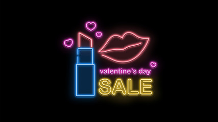 Lipstick with Mouth Sale text and sign neon light on black background, holidays and international calendar events, sales and marketing 3D neon light illustration.