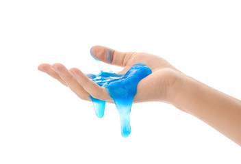 Woman playing with blue slime isolated on white, closeup. Antistress toy