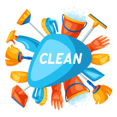 Housekeeping background with cleaning items.