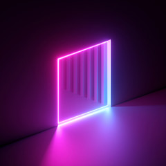 3d render, abstract neon background, vibrant pink light, square hole in the wall. Window, cave, open door, gate, portal. Corridor, tunnel entrance. Dramatic scene. Modern minimal concept