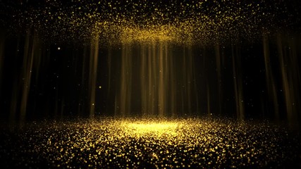 gold particles abstract background with shining golden floor particle stars dust. Futuristic glittering fly movement flickering loop in space on black background.	 - Powered by Adobe