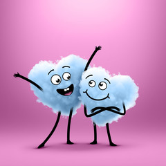 3d render, cartoon characters, funny couple with happy faces, heart mascot, blue cotton clouds. Clip art isolated on pink background. Homosexual relations concept. Valentines day illustration